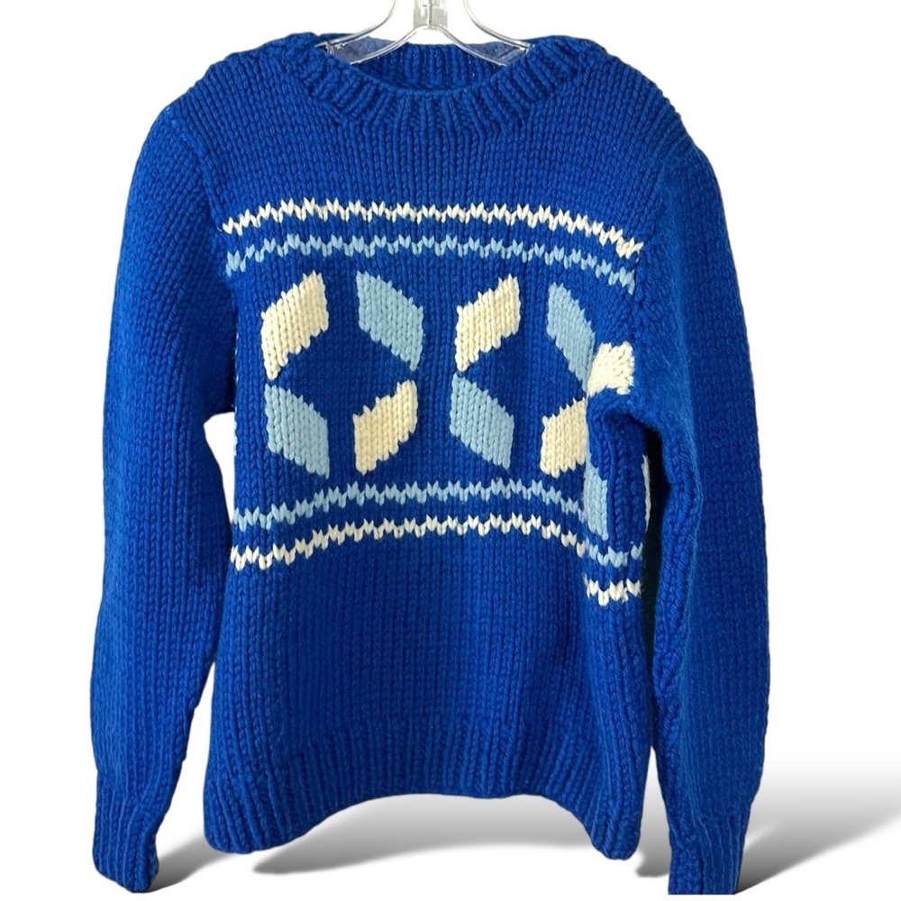 Vintage 70s Fair Isle Chunky Hand Knit Ski Sweater Royal Blue Winter Size